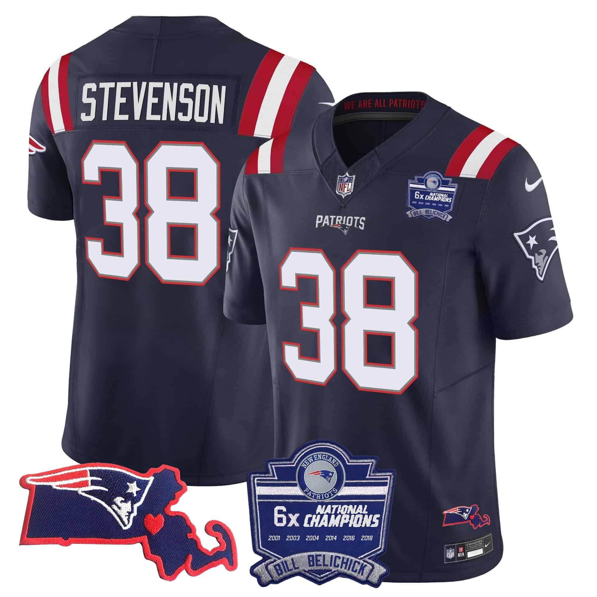Men New England Patriots #38 Stevenson Dark blue 2024 Nike 6x Champions Patch Vapor Limited NFL Jersey style 1